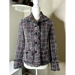 CHICO'S Black Pink Tweed Knit Fringe Blazer Jacket Size 0 Small 4 Trendy Classic